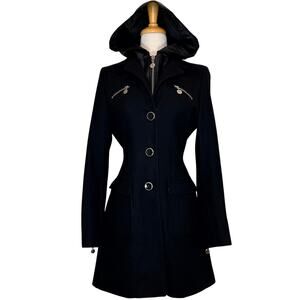 Betsey Johnson Black Wool Hooded Utility Coat Removable Hood Lining Size 6